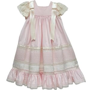 Treasured Memories Heirloom Pink Lace Trim Smocked Girls Dress with Satin Bows